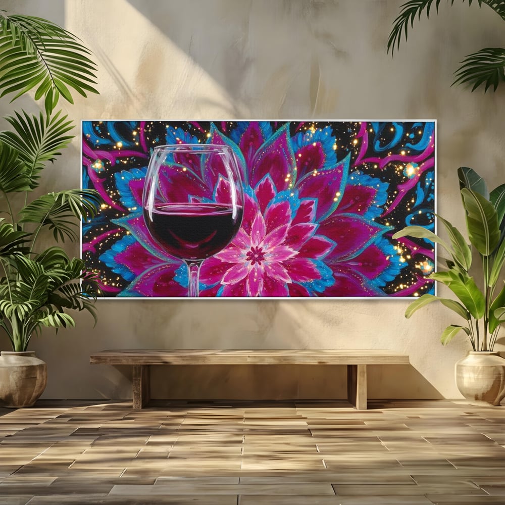 Tablou canvas cu tablou canvas cu pahar de vin si mandala, in rama de aluminiu argintiu